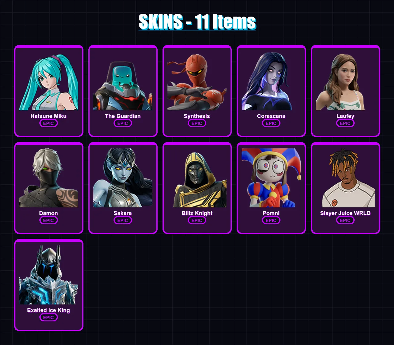 [PC] | Hatsune Miku | The Guardian | Synthesis | Corascana | Laufey | 11 skin | 32 pickaxe | 11 emote | 15 glider | Lv176