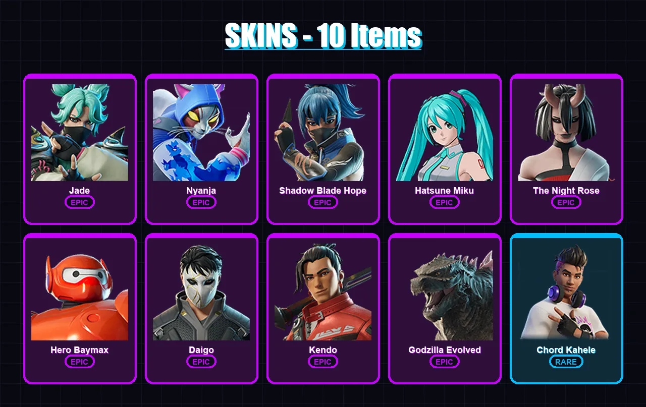 [PC/XBOX/PSN] | Jade | Nyanja | Shadow Blade Hope | Hatsune Miku | The Night Rose | 10 skin | 20 pickaxe | 28 emote | 19 glider | Lv228
