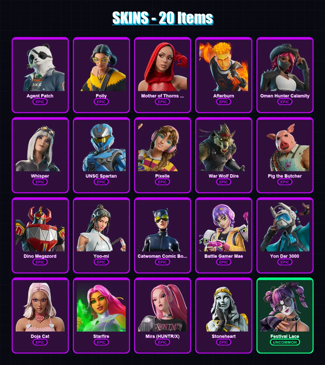 [PC/XBOX/PSN] | Agent Patch | Polly | Mother of Thorns Doja | Afterburn | Omen Hunter Calamity | 20 skin | 22 pickaxe | 19 emote | 13 glider | Lv60 — Fortnite account