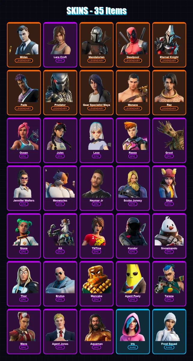 [PC/XBOX/PSN] | Midas | Lara Croft | Mandalorian | Deadpool | Eternal Knight | 35 skin | 44 pickaxe | 31 emote | 42 glider | Lv606