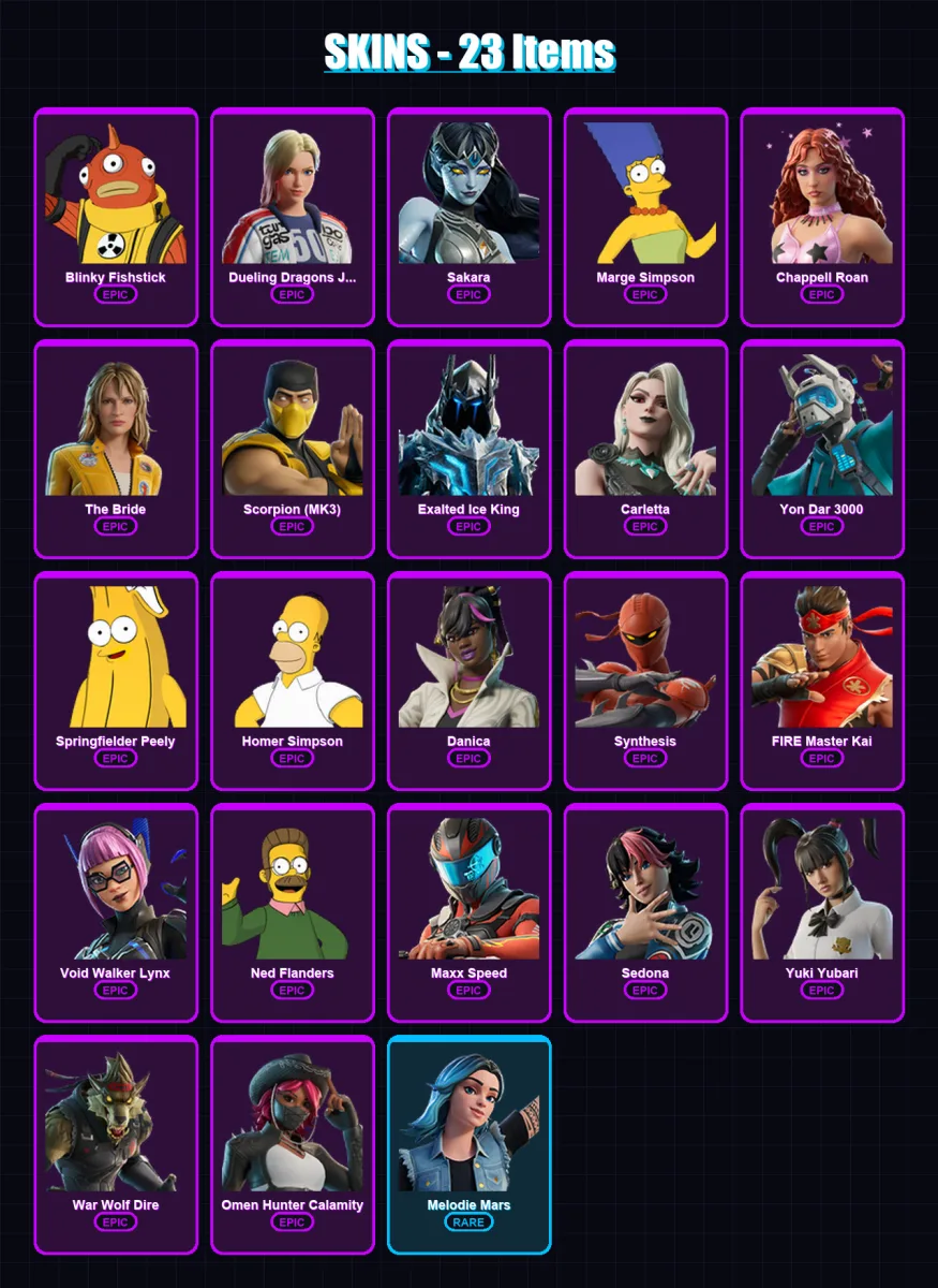 [PC/PSN] | Blinky Fishstick | Dueling Dragons Jackie | Sakara | Marge Simpson | Chappell Roan | 23 skin | 30 pickaxe | 19 emote | 18 glider | Lv122