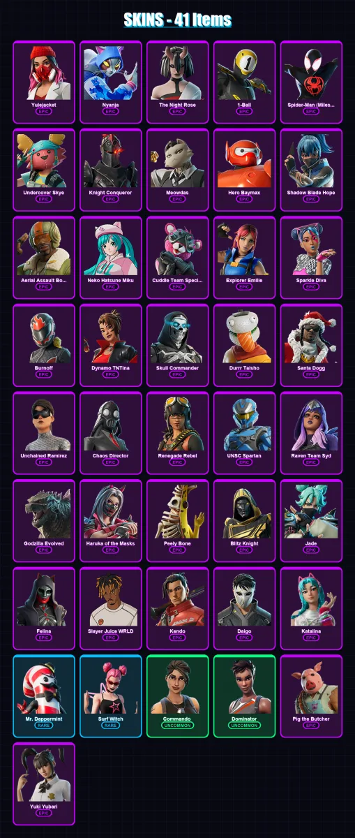[PC/XBOX/PSN] | Yulejacket | Nyanja | The Night Rose | 1-Ball | Spider-Man (Miles Morales) | 41 skin | 82 pickaxe | 46 emote | 52 glider | Lv917