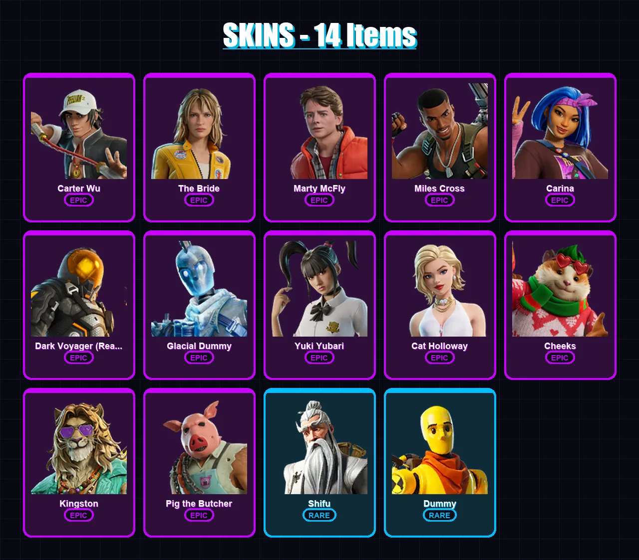 [PS4/PS5/XBOX/PC] | Carter Wu | The Bride | Marty McFly | Miles Cross | Carina | 14 skin | 37 pickaxe | 22 emote | 26 glider | Lv256 — Fortnite account