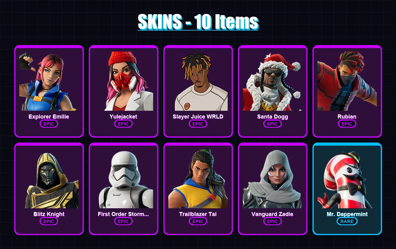 [PC] | Explorer Emilie | Yulejacket | Slayer Juice WRLD | Santa Dogg | Rubian | 10 skin | 52 pickaxe | 22 emote | 32 glider | Lv500
