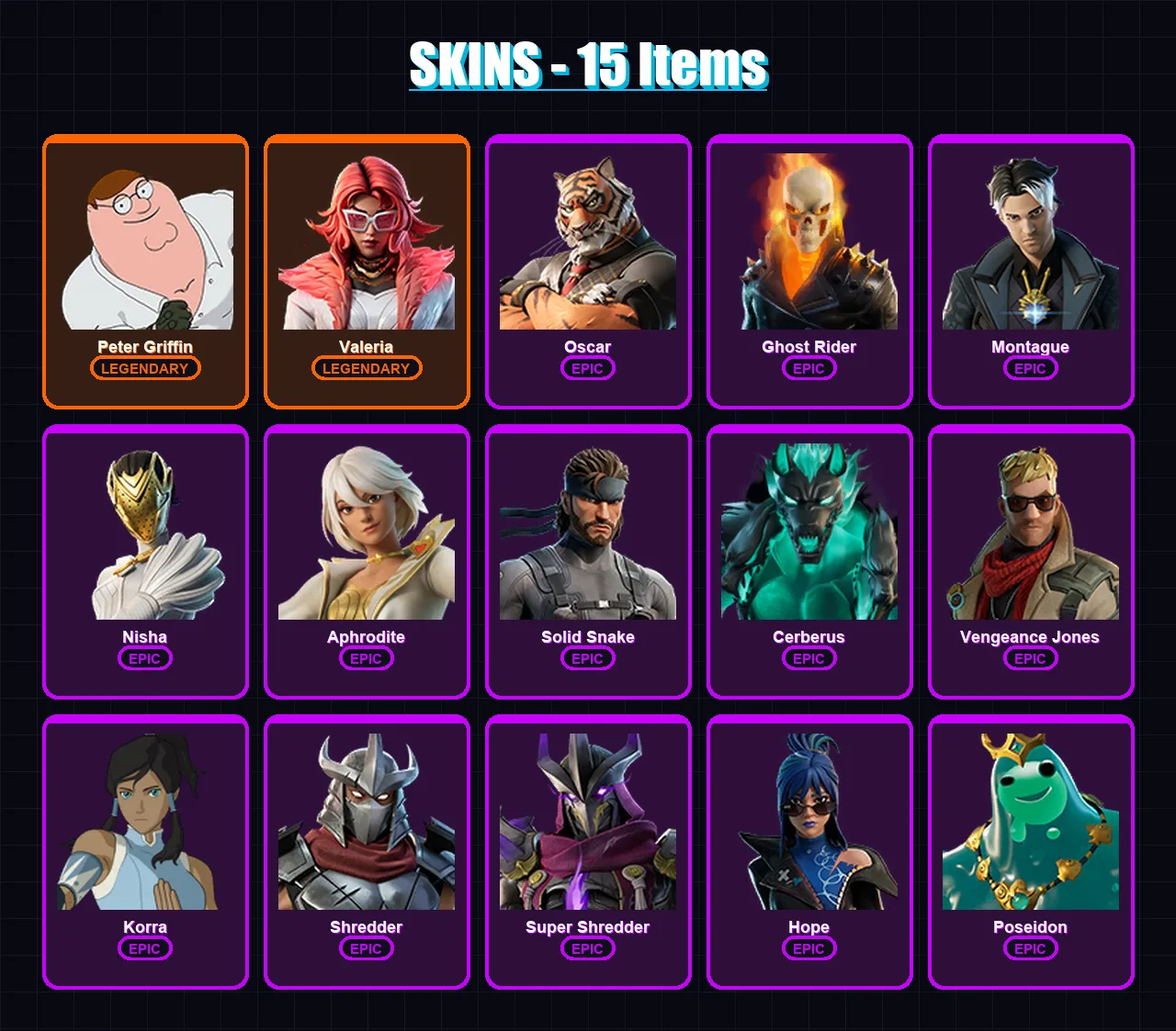 [PC/PSN] | Peter Griffin | Valeria | Oscar | Ghost Rider | Montague | 15 skin | 22 pickaxe | 25 emote | 17 glider | Lv239 — Fortnite account