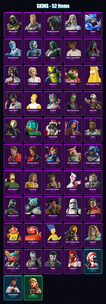 [PS4/PS5/XBOX/PC] | Blitz Knight | Captain Jones | Godzilla Evolved | Emma Frost | Nyanja | 52 skin | 123 pickaxe | 79 emote | 82 glider | Lv2205