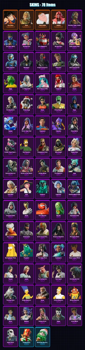 [PC/PSN] | Son Goku | Zeus | Peter Griffin | Valeria | Wookiee Team Leader | 78 skin | 113 pickaxe | 80 emote | 75 glider | Lv934