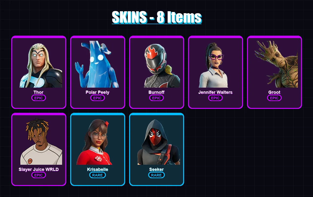[PC/PSN] | Thor | Polar Peely | Burnoff | Jennifer Walters | Groot | 8 skin | 36 pickaxe | 23 emote | 20 glider | Lv261