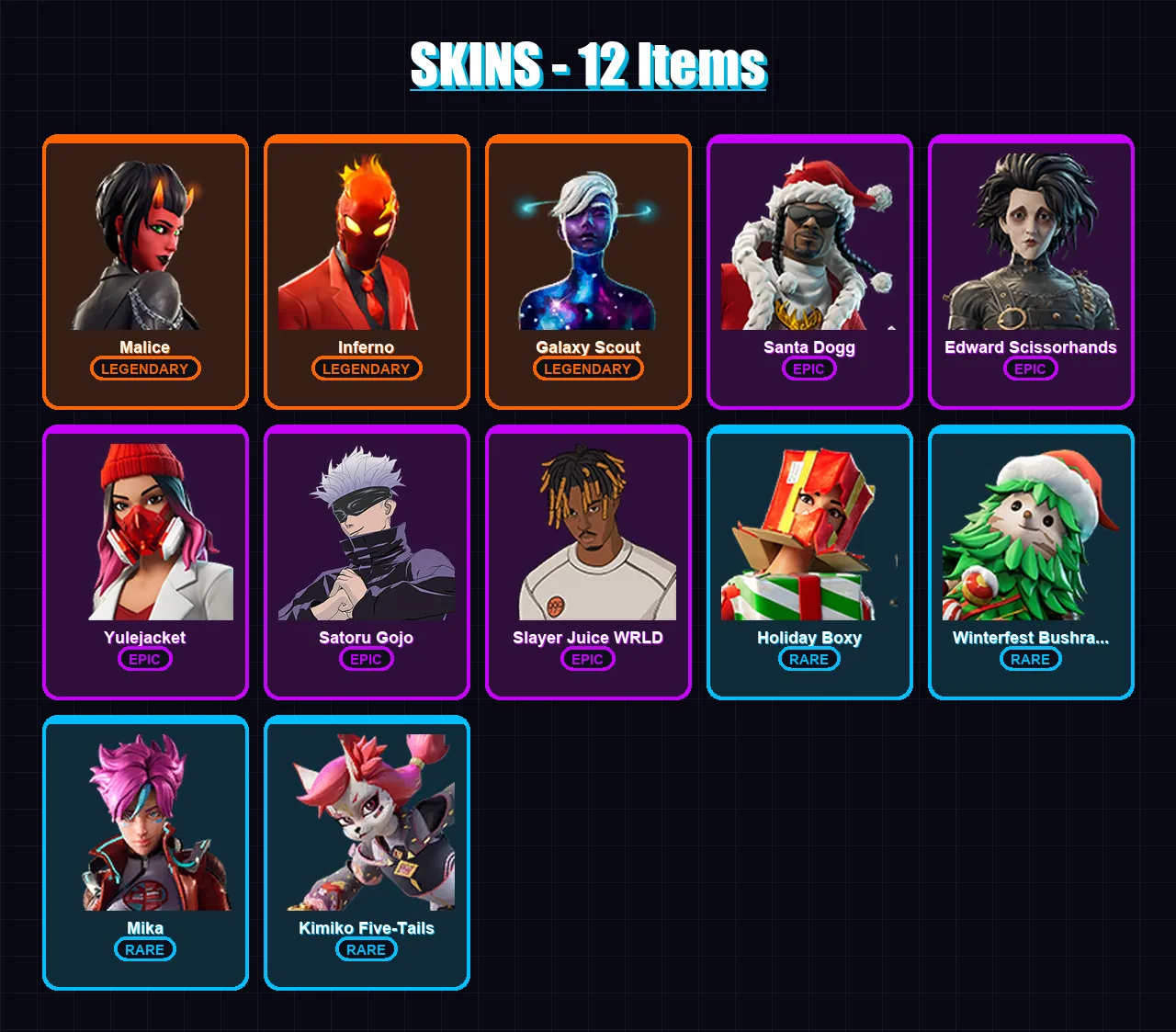 [PC/XBOX/PSN] | Malice | Inferno | Galaxy Scout | Santa Dogg | Edward Scissorhands | 12 skin | 16 pickaxe | 15 emote | 14 glider | Lv139