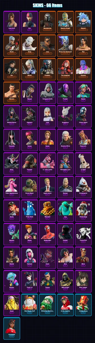 [PC/XBOX/PSN] | Lara Croft | Kor | Mandalorian | Spectra Knight | Nezumi | 66 skin | 112 pickaxe | 63 emote | 98 glider | Lv1325