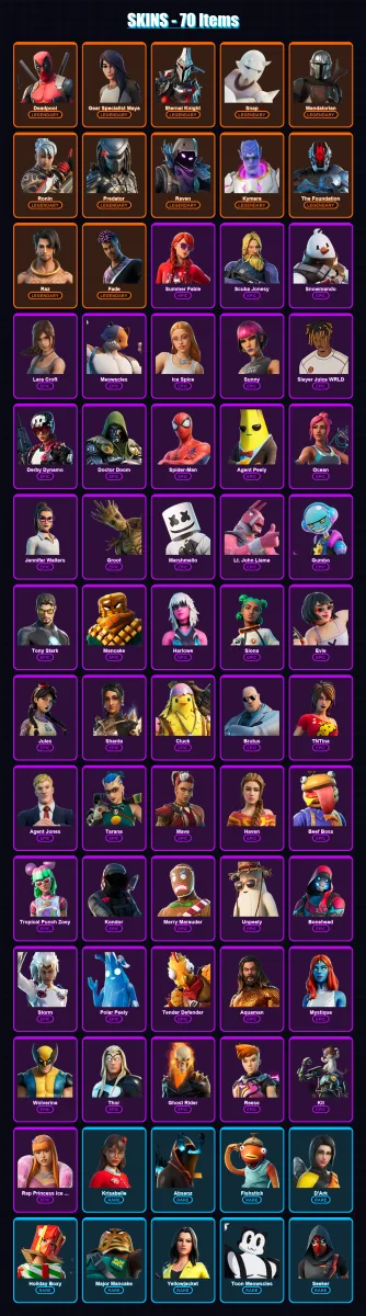 [PS4/PS5/XBOX/PC] | Deadpool | Gear Specialist Maya | Eternal Knight | Snap | Mandalorian | 70 skin | 81 pickaxe | 56 emote | 71 glider | Lv1062