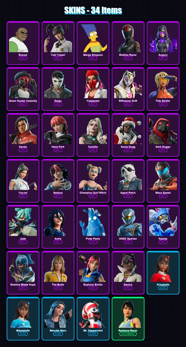 [PC/PSN] | Russel | Yuki Yubari | Marge Simpson | Redline Racer | Augury | 34 skin | 43 pickaxe | 27 emote | 25 glider | Lv230 — Fortnite account