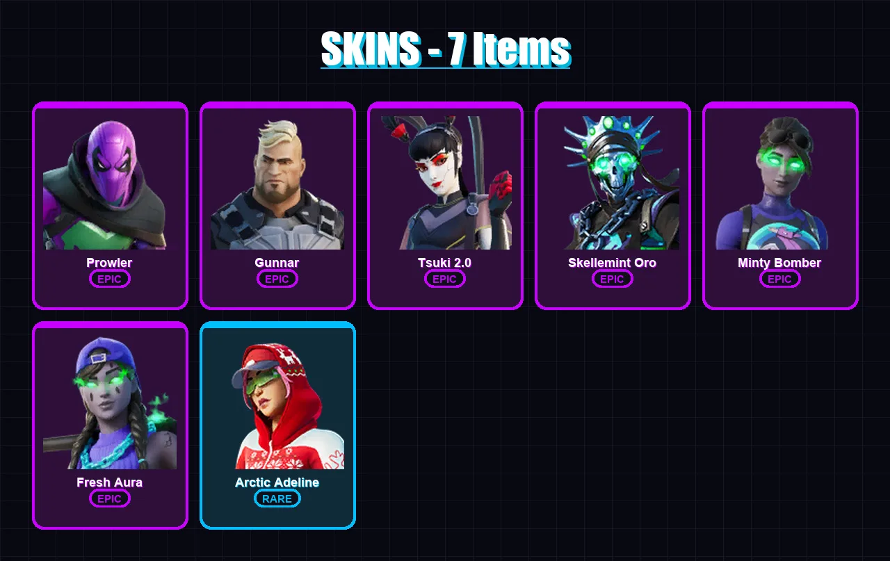 [SWITCH/XBOX/PSN/PC] | Prowler | Gunnar | Tsuki 2.0 | Skellemint Oro | Minty Bomber | 7 skin | 8 pickaxe | 5 emote | 10 glider | Lv56