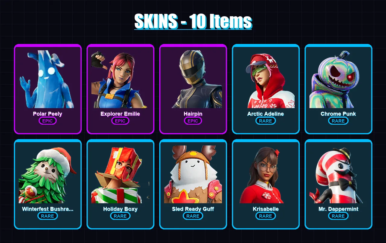 [PC/XBOX] | Polar Peely | Explorer Emilie | Hairpin | Arctic Adeline | Chrome Punk | 10 skin | 16 pickaxe | 10 emote | 23 glider | Lv164