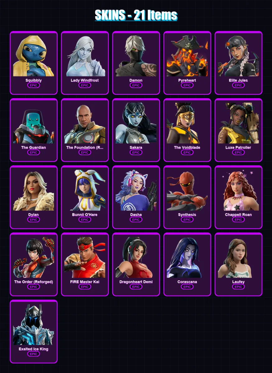 [PC/PSN] | Squibbly | Lady Windfrost | Damon | Pyreheart | Elite Jules | 21 skin | 36 pickaxe | 14 emote | 25 glider | Lv178