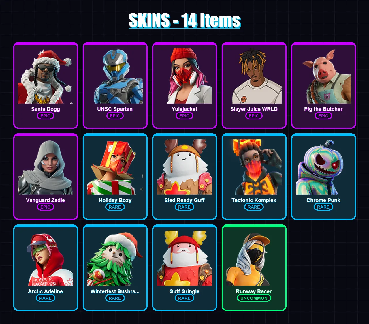 [PC/XBOX/PSN] | Santa Dogg | UNSC Spartan | Yulejacket | Slayer Juice WRLD | Pig the Butcher | 14 skin | 75 pickaxe | 50 emote | 62 glider | Lv1577