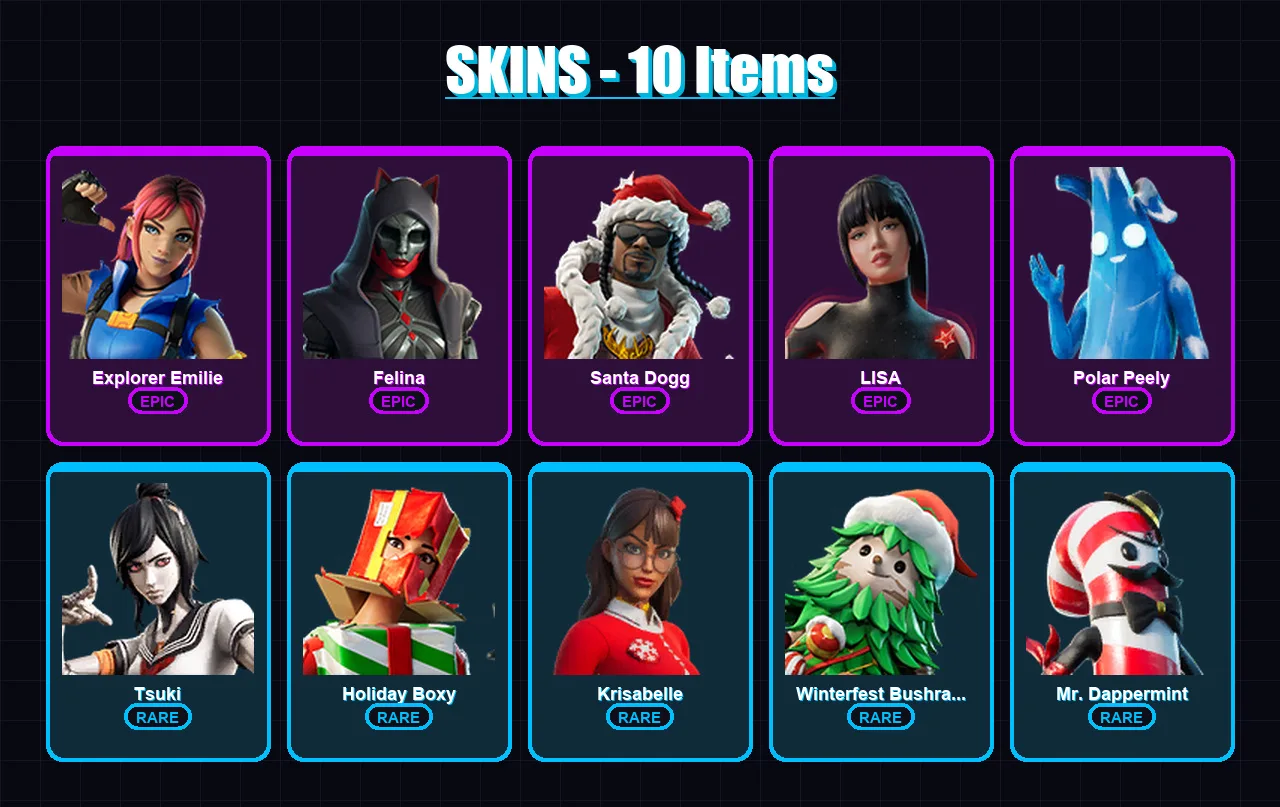 [SWITCH/PSN/PC] | Explorer Emilie | Felina | Santa Dogg | LISA | Polar Peely | 10 skin | 44 pickaxe | 23 emote | 34 glider | Lv540