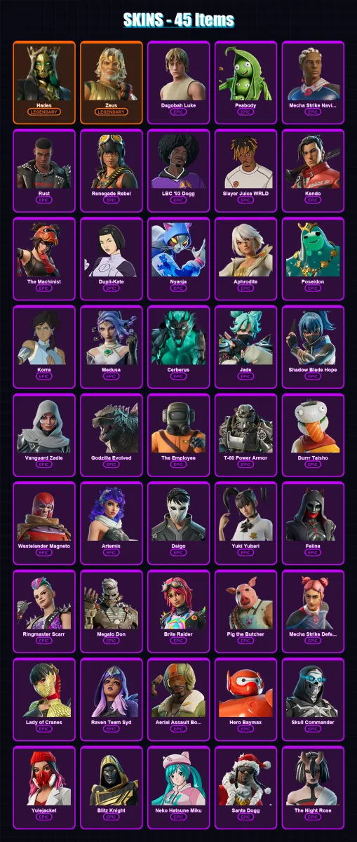 [PS4/PS5/XBOX/PC] | Hades | Zeus | Dagobah Luke | Peabody | Mecha Strike Navigator | 45 skin | 101 pickaxe | 61 emote | 59 glider | Lv1000