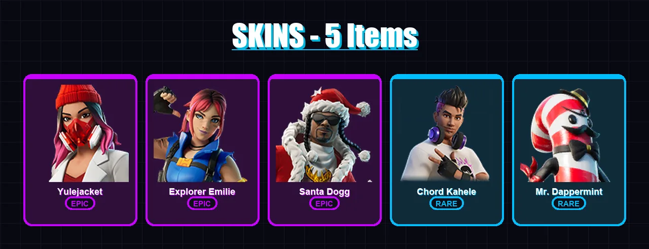 [PC/XBOX/PSN] | Yulejacket | Explorer Emilie | Santa Dogg | Chord Kahele | Mr. Dappermint | 5 skin | 10 pickaxe | 3 emote | 5 glider | Lv51