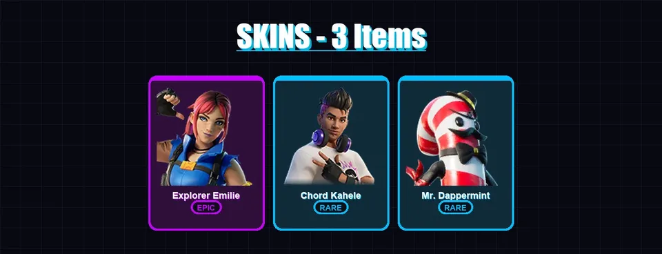 [PC/XBOX/PSN] | Explorer Emilie | Chord Kahele | Mr. Dappermint | 3 skin | 5 pickaxe | 4 emote | 5 glider | Lv38 — main preview