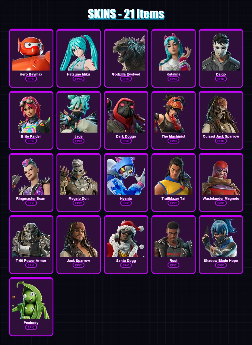 [PC/XBOX/PSN] | Hero Baymax | Hatsune Miku | Godzilla Evolved | Katalina | Daigo | 21 skin | 42 pickaxe | 23 emote | 26 glider | Lv319