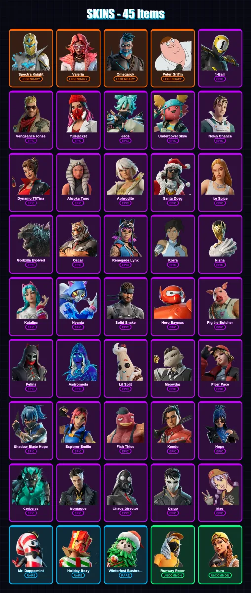 [PC/XBOX/PSN] | Spectra Knight | Valeria | Omegarok | Peter Griffin | 1-Ball | 45 skin | 76 pickaxe | 61 emote | 67 glider | Lv738