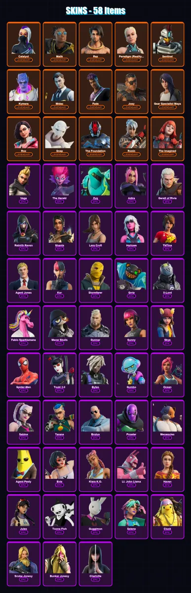[PC] | Catalyst | Malik | Raz | Paradigm (Reality-659) | Sentinel | 58 skin | 60 pickaxe | 47 emote | 58 glider | Lv786