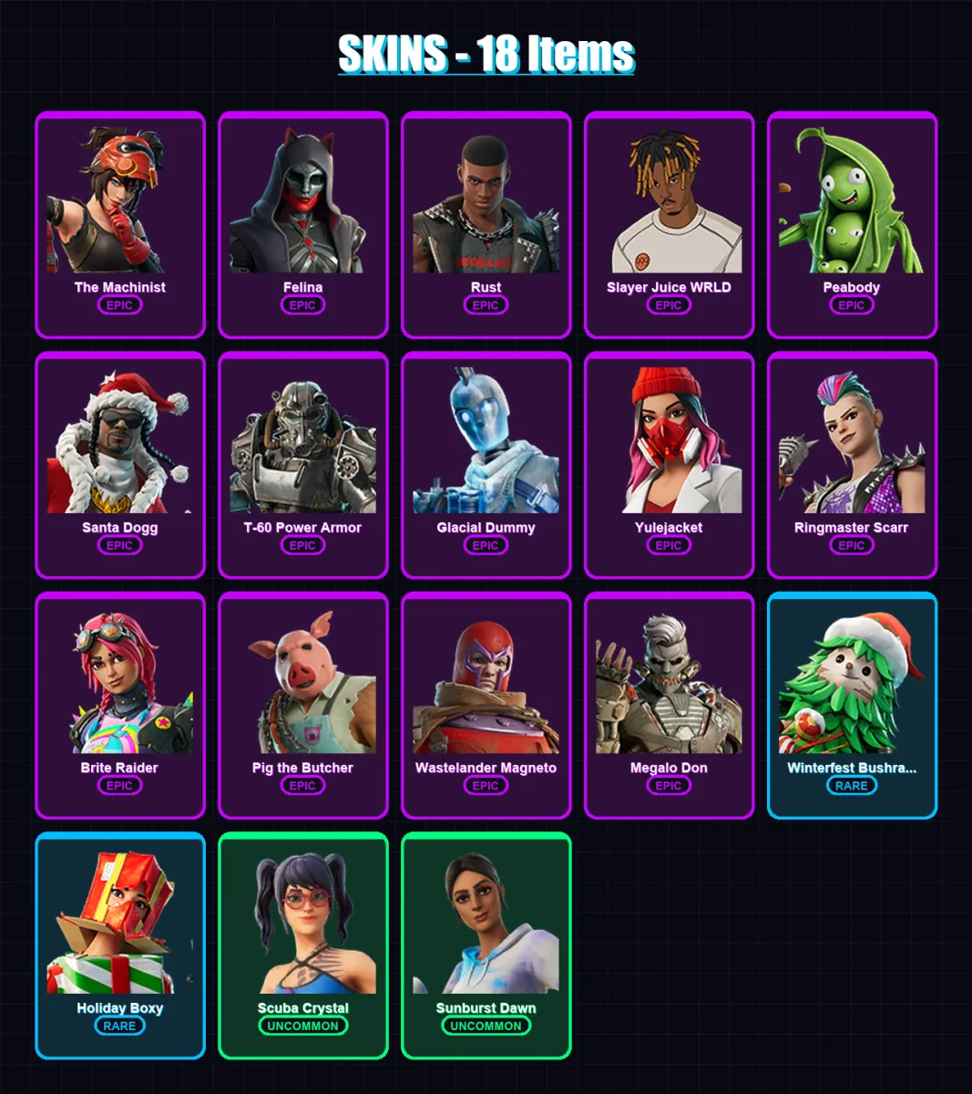 [PS4/PS5/XBOX/PC] | The Machinist | Felina | Rust | Slayer Juice WRLD | Peabody | 18 skin | 78 pickaxe | 37 emote | 54 glider | Lv1005