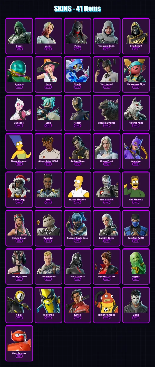 [PC/XBOX/PSN] | Doom | Jackie | Felina | Vanguard Zadie | Blitz Knight | 41 skin | 83 pickaxe | 45 emote | 55 glider | Lv980 — Fortnite account
