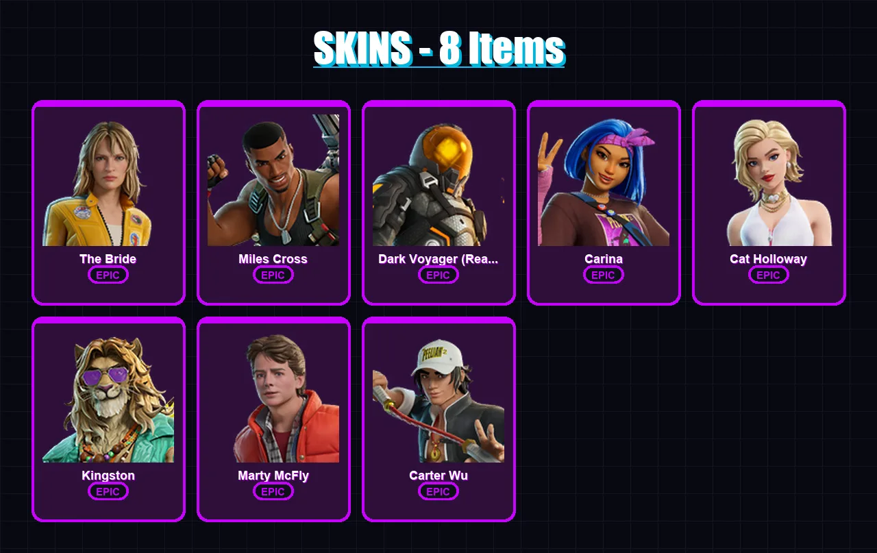 [PC/XBOX/PSN] | The Bride | Miles Cross | Dark Voyager (Reality Redacted) | Carina | Cat Holloway | 8 skin | 20 pickaxe | 19 emote | 17 glider | Lv1