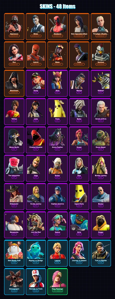 [PC/XBOX/PSN] | Oppressor | Midas | Deadpool | Gear Specialist Maya | Paradigm (Reality-659) | 48 skin | 40 pickaxe | 29 emote | 44 glider | Lv523