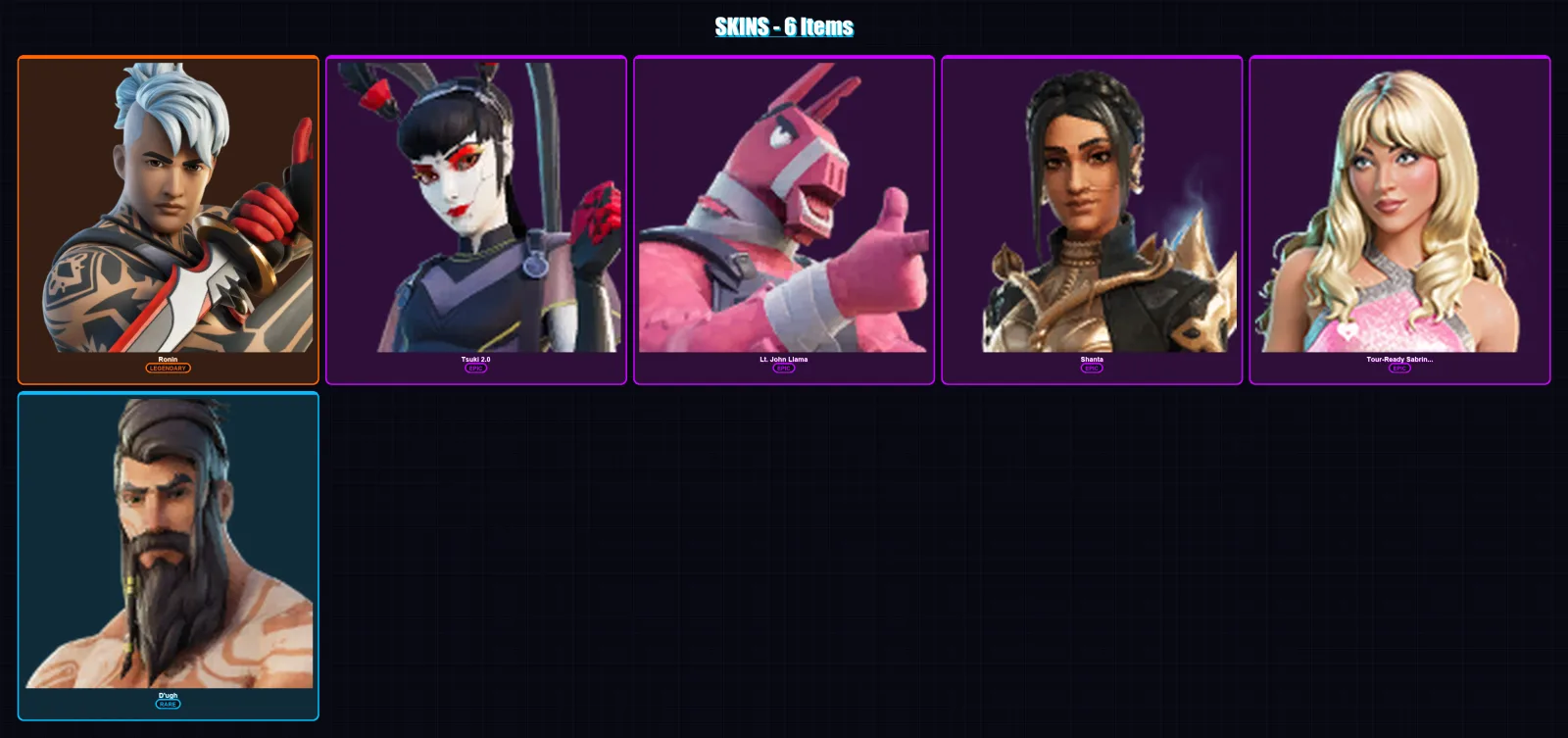 [PC/PSN] | Ronin | Tsuki 2.0 | Lt. John Llama | Shanta | Tour-Ready Sabrina Carpenter | 6 skin | 7 pickaxe | 7 emote | 7 glider | Lv80