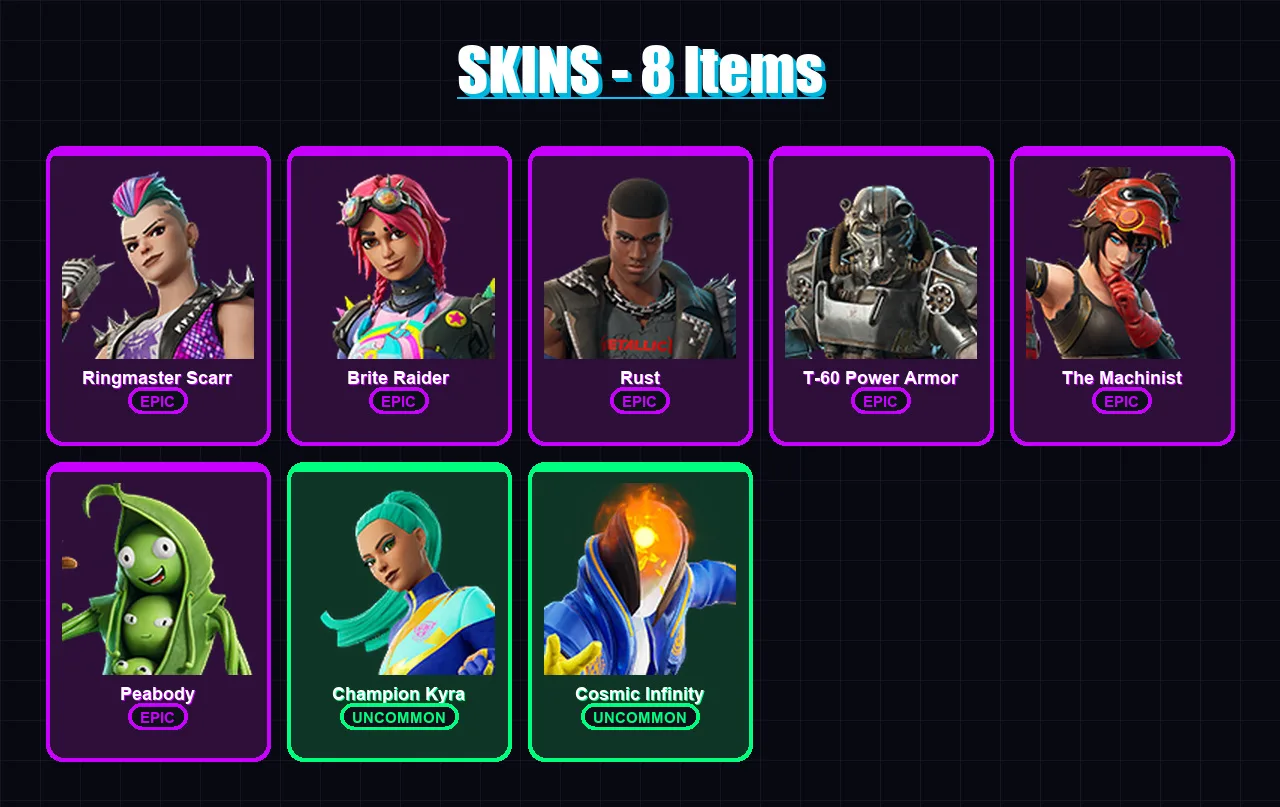 [PC/XBOX/PSN] | Ringmaster Scarr | Brite Raider | Rust | T-60 Power Armor | The Machinist | 8 skin | 34 pickaxe | 17 emote | 26 glider | Lv291