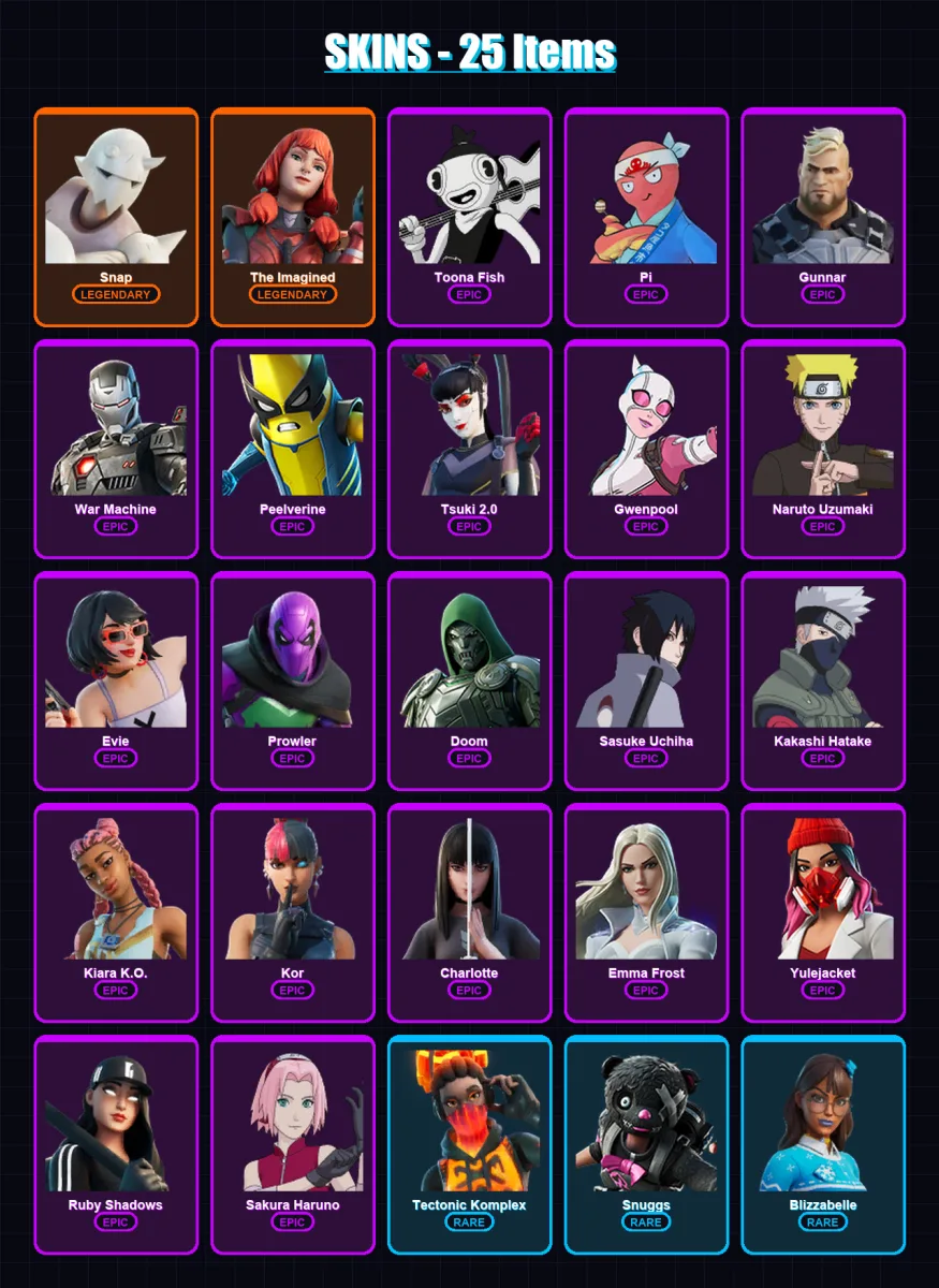 [PS4/PS5/XBOX/PC] | Snap | The Imagined | Toona Fish | Pi | Gunnar | 25 skin | 62 pickaxe | 38 emote | 47 glider | Lv678