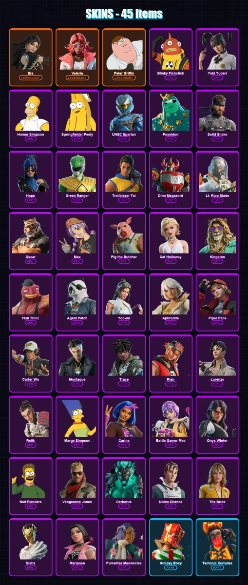 [PC/XBOX] | Era | Valeria | Peter Griffin | Blinky Fishstick | Yuki Yubari | 45 skin | 74 pickaxe | 55 emote | 56 glider | Lv1054