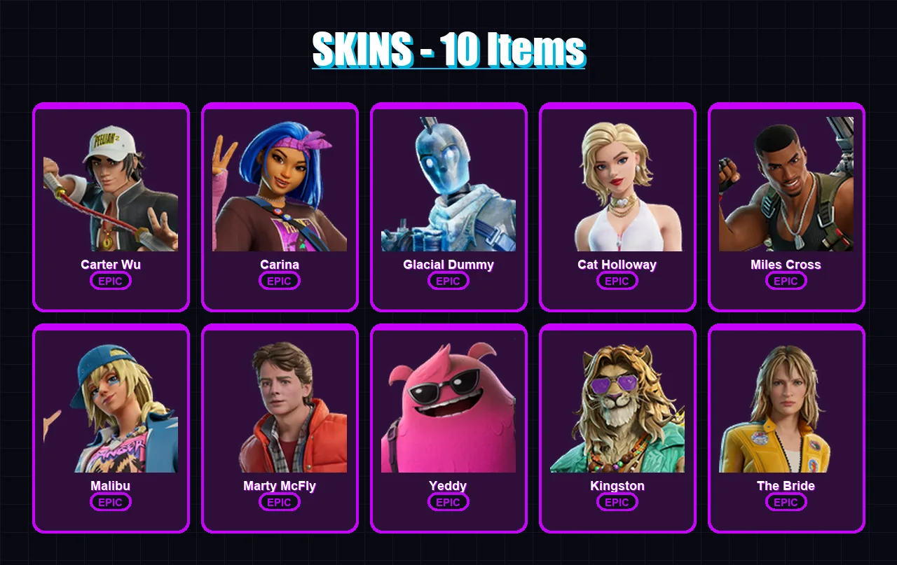 [PC/XBOX/PSN] | Carter Wu | Carina | Glacial Dummy | Cat Holloway | Miles Cross | 10 skin | 20 pickaxe | 15 emote | 16 glider | Lv96