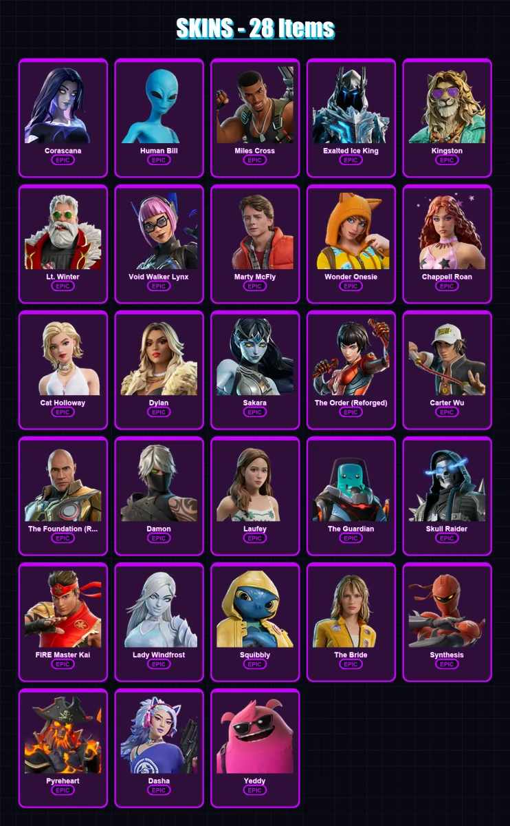 [PC/PSN] | Corascana | Human Bill | Miles Cross | Exalted Ice King | Kingston | 28 skin | 38 pickaxe | 19 emote | 26 glider | Lv162
