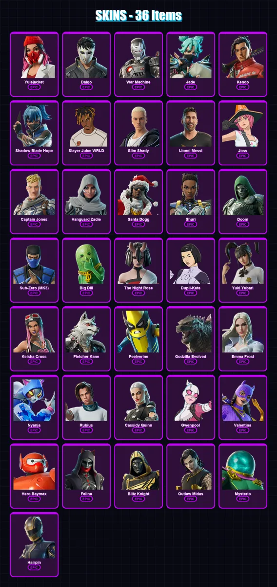 [PC/XBOX] | Yulejacket | Daigo | War Machine | Jade | Kendo | 36 skin | 71 pickaxe | 54 emote | 44 glider | Lv748