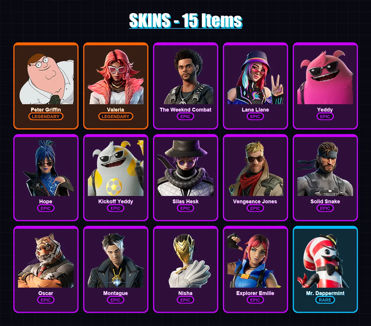 [PC/XBOX] | Peter Griffin | Valeria | The Weeknd Combat | Lana Llane | Yeddy | 15 skin | 23 pickaxe | 11 emote | 15 glider | Lv161