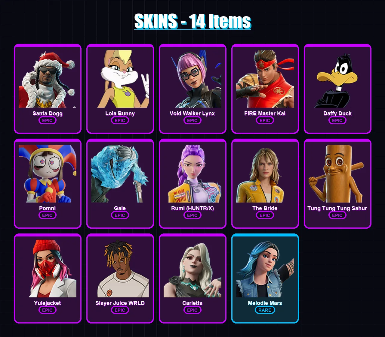 [PC/PSN] | Santa Dogg | Lola Bunny | Void Walker Lynx | FIRE Master Kai | Daffy Duck | 14 skin | 27 pickaxe | 7 emote | 13 glider | Lv86