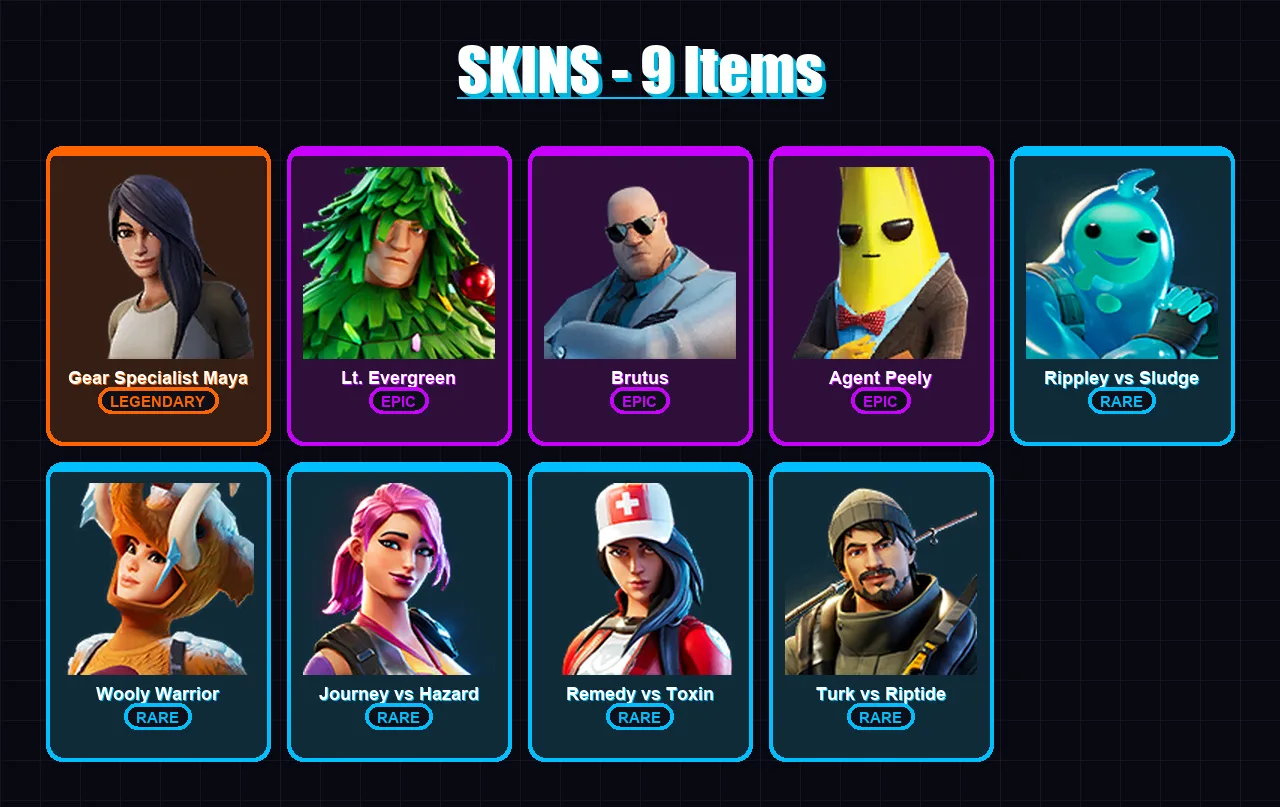 [PC/PSN] | Gear Specialist Maya | Lt. Evergreen | Brutus | Agent Peely | Rippley vs Sludge | 9 skin | 11 pickaxe | 9 emote | 12 glider | Lv143
