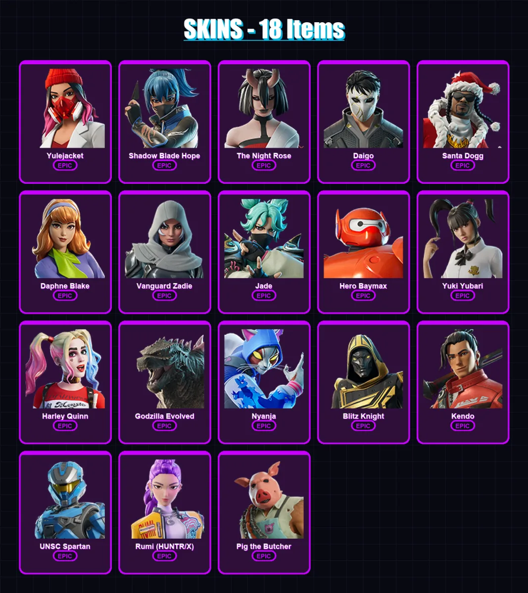 [SWITCH/XBOX/PSN/PC] | Yulejacket | Shadow Blade Hope | The Night Rose | Daigo | Santa Dogg | 18 skin | 66 pickaxe | 32 emote | 40 glider | Lv737