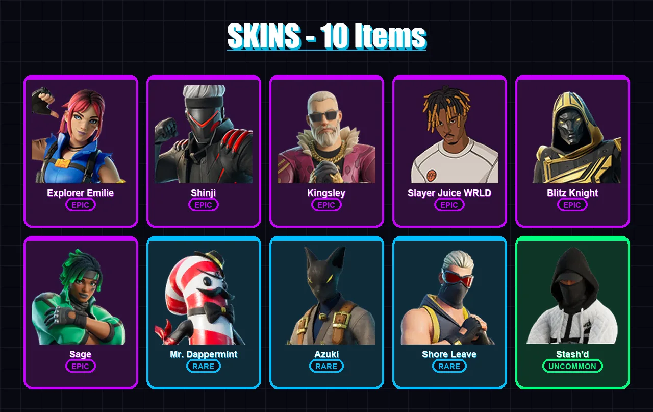 [PS4/PS5/XBOX/PC] | Explorer Emilie | Shinji | Kingsley | Slayer Juice WRLD | Blitz Knight | 10 skin | 29 pickaxe | 15 emote | 13 glider | Lv110