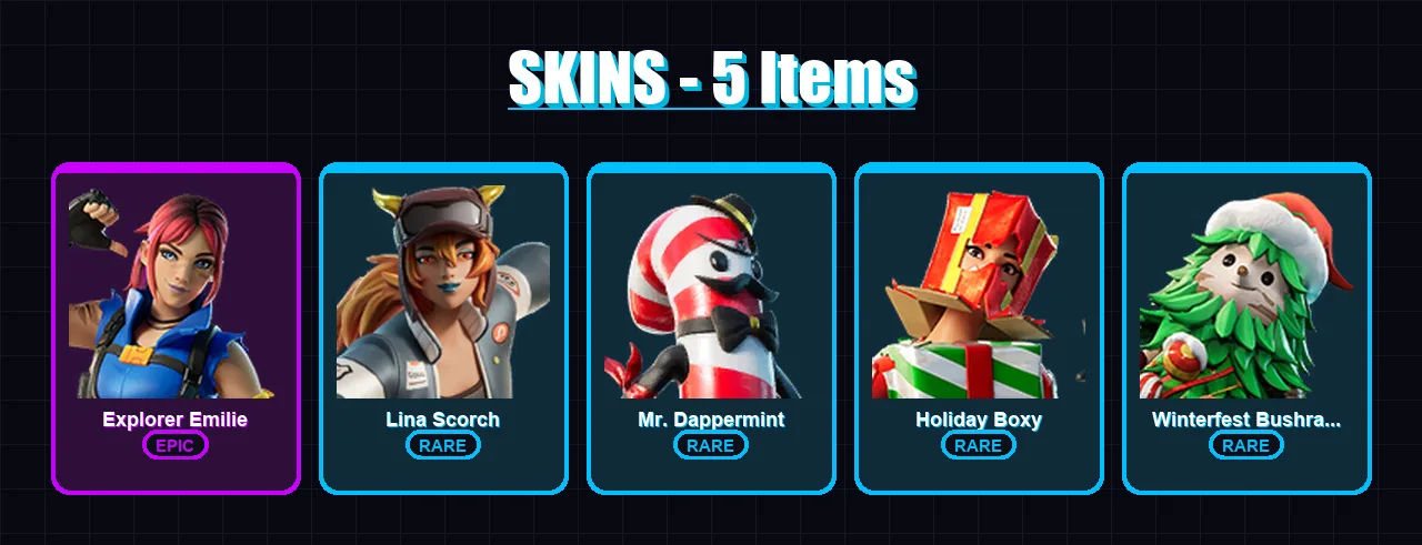 [PC/XBOX] | Explorer Emilie | Lina Scorch | Mr. Dappermint | Holiday Boxy | Winterfest Bushranger | 5 skin | 2 pickaxe | 2 emote | 5 glider | Lv10