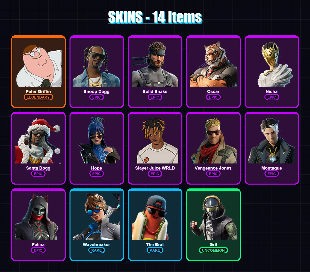 [PC/XBOX] | Peter Griffin | Snoop Dogg | Solid Snake | Oscar | Nisha | 14 skin | 28 pickaxe | 21 emote | 20 glider | Lv547