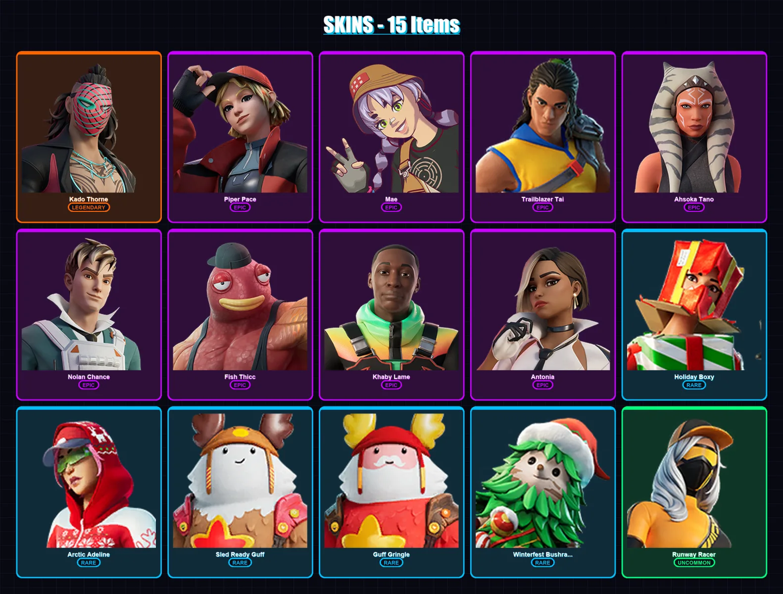 [PC/XBOX/PSN] | Kado Thorne | Piper Pace | Mae | Trailblazer Tai | Ahsoka Tano | 15 skin | 28 pickaxe | 19 emote | 30 glider | Lv493