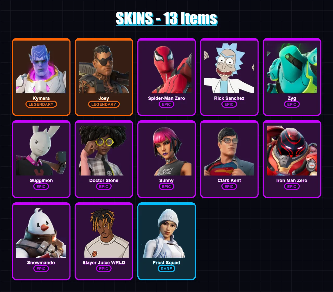 [PC/XBOX/PSN] | Kymera | Joey | Spider-Man Zero | Rick Sanchez | Zyg | 13 skin | 28 pickaxe | 28 emote | 29 glider | Lv550