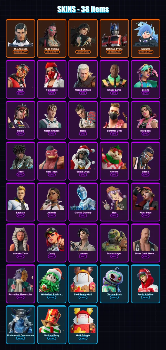 [PC/PSN] | The Ageless | Kado Thorne | Era | Optimus Prime | Nezumi | 38 skin | 55 pickaxe | 40 emote | 44 glider | Lv664 — Fortnite account