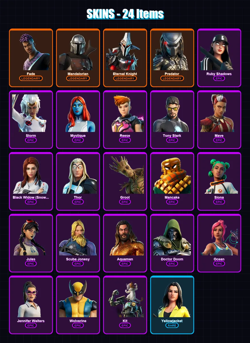 [PC/XBOX/PSN] | Fade | Mandalorian | Eternal Knight | Predator | Ruby Shadows | 24 skin | 36 pickaxe | 31 emote | 42 glider | Lv573