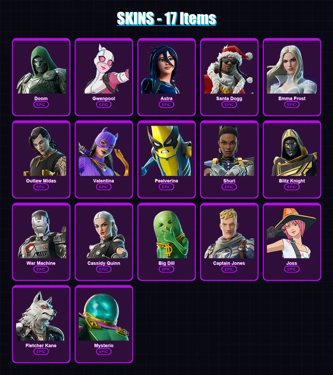 [PS4/PS5/XBOX/PC] | Doom | Gwenpool | Astra | Santa Dogg | Emma Frost | 17 skin | 35 pickaxe | 18 emote | 26 glider | Lv265 — Fortnite account